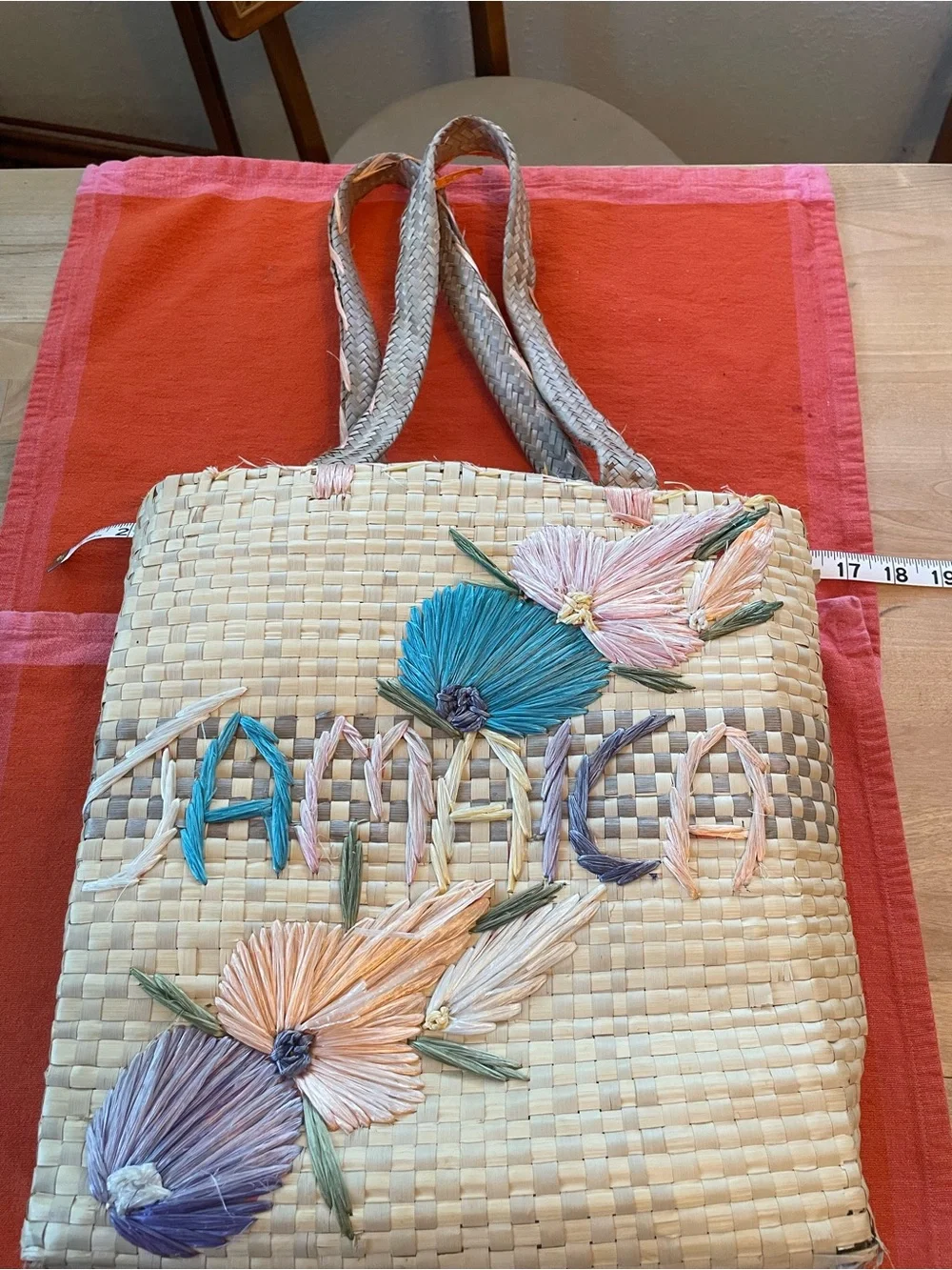 Vintage Raffia Satchel with Multicolor Floral “Jamaica” Straw Embroidery